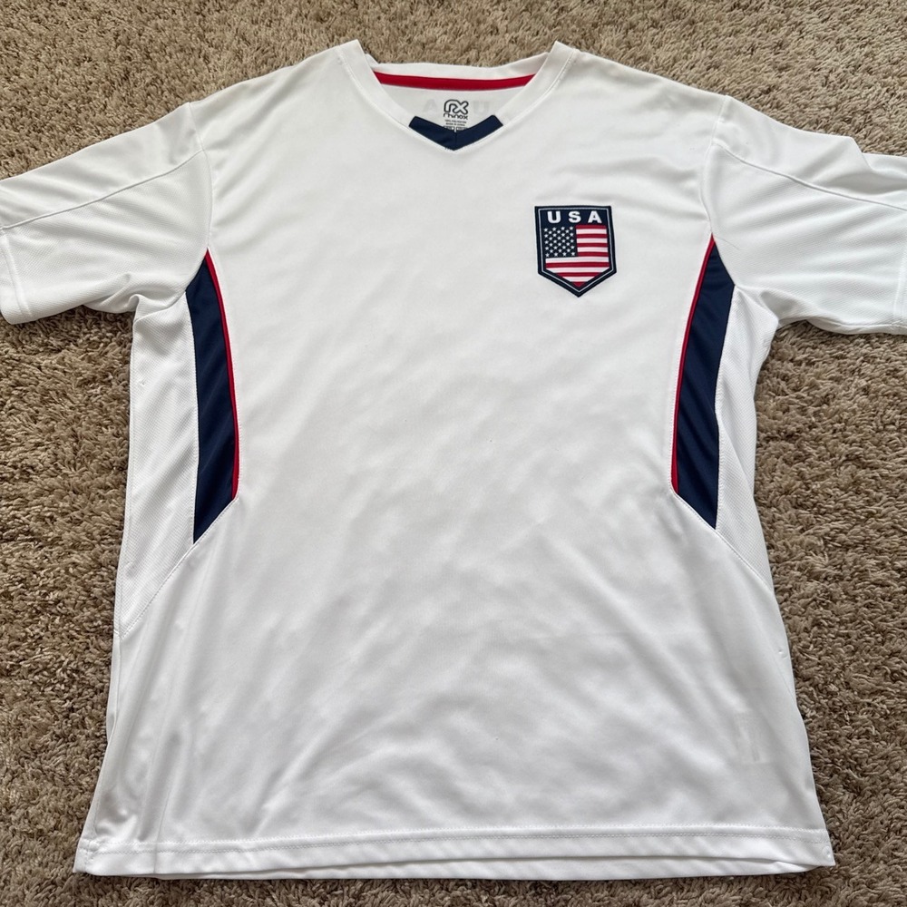 Rhinox USA Soccer Jersey Mens Large White V-Neck Short Sleeve Athletic Shirt